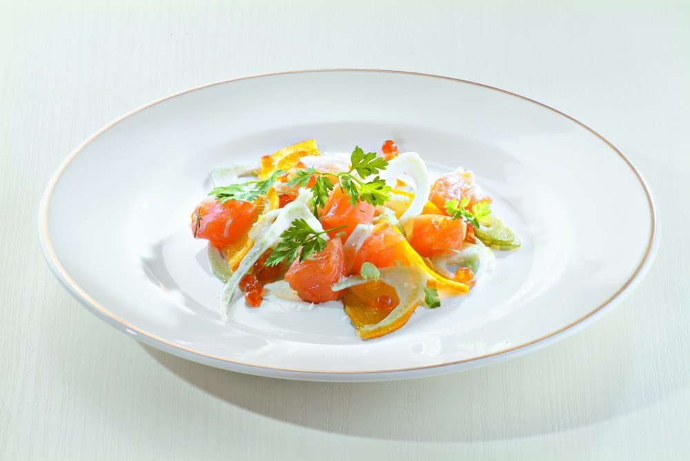 Saumon au fenouil, gingembre, mozzarella et orange